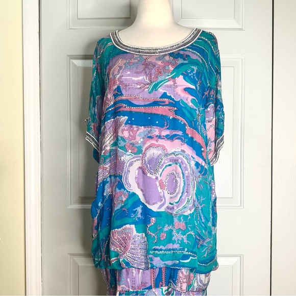 VTG ‘80s Judith Ann Creations Silk Embellished Pearls Sequins Pleats Dress Sz M - Picture 1 of 15